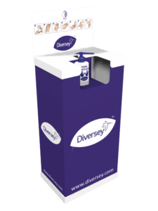 Een point of sale display die de hand dispenser van Diversey ondersteunt