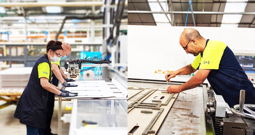 Two photos of production employees who make point of sale material with different machines.