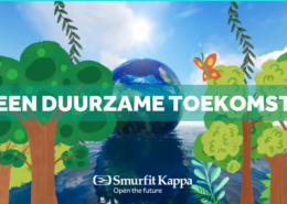 De tekst "duurzame toekomst" met een planeet op de achtergrond en bomen errond. Een natuurlijke sfeer