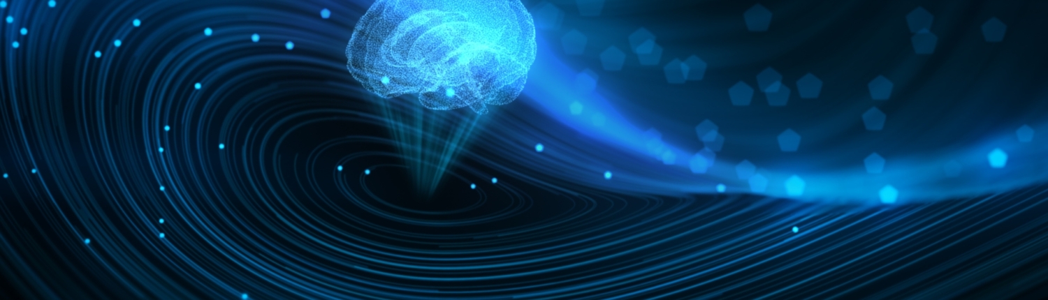 A blue hologram brain floating in space with blue waves around it.