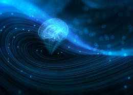 A blue hologram brain floating in space with blue waves around it.